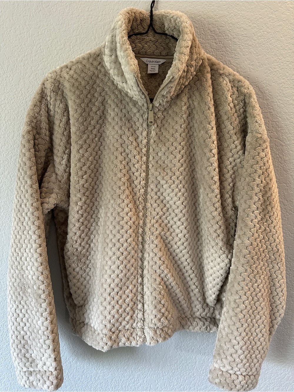 Calvin Klein Women's Beige Plush Zip-Up Teddy Jacket